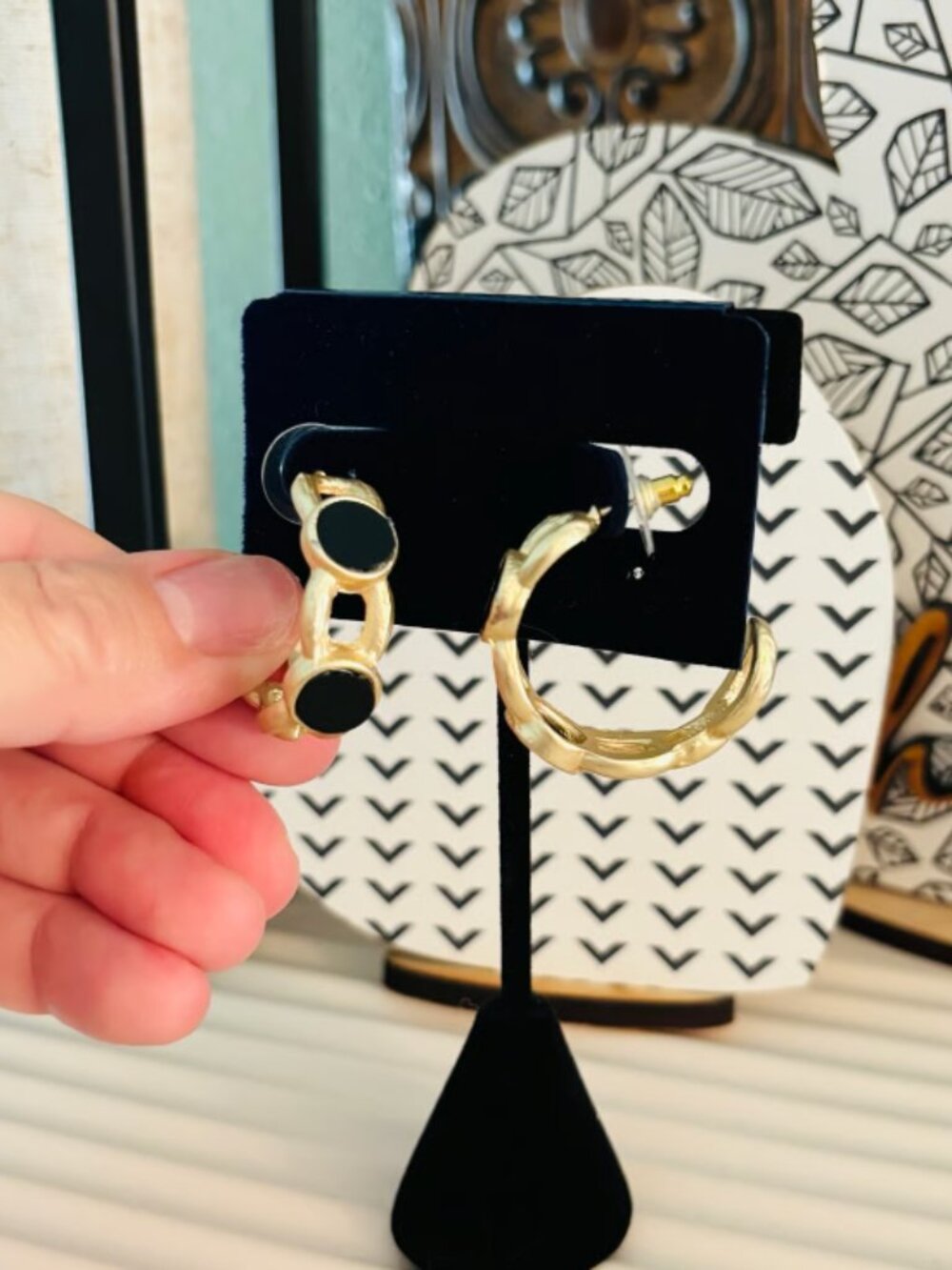 Matte Gold Hoop Earrings with Black Accents